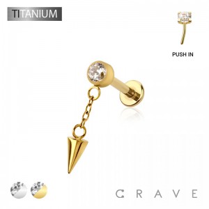 SPIKE CONE DANGLE BEZEL CZ TOP THREADLESS (PUSH IN) IMPLANT GRADE TITANIUM LABRET SET